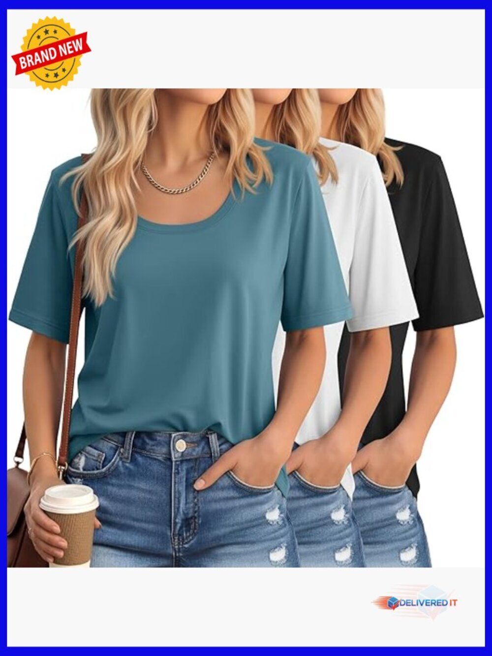 3 Pack Scoop Neck Half Sleeve T-Shirts for Women Loose Fit Summer Tees